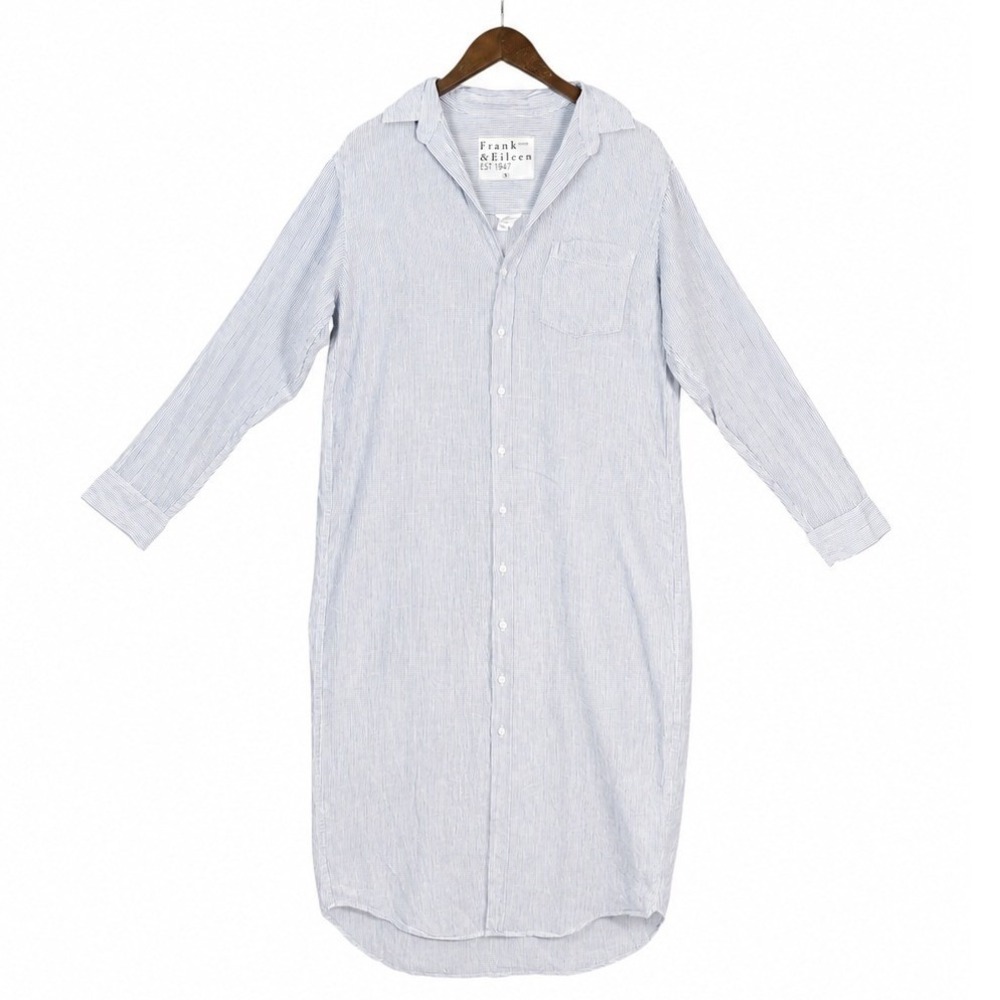 Frank & Eileen Rory Maxi Shirt Dress M Blue White Striped Italian Linen Coastal - Picture 3 of 9